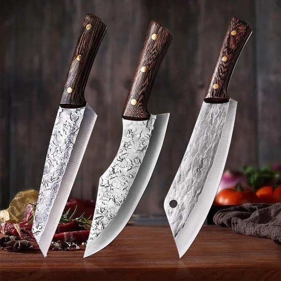 Set de couteaux de qualité japonaise - Couteau de chef et hachoir Premium - Set de couteaux 3 pièces avec impression Damas - Manche en chêne poli