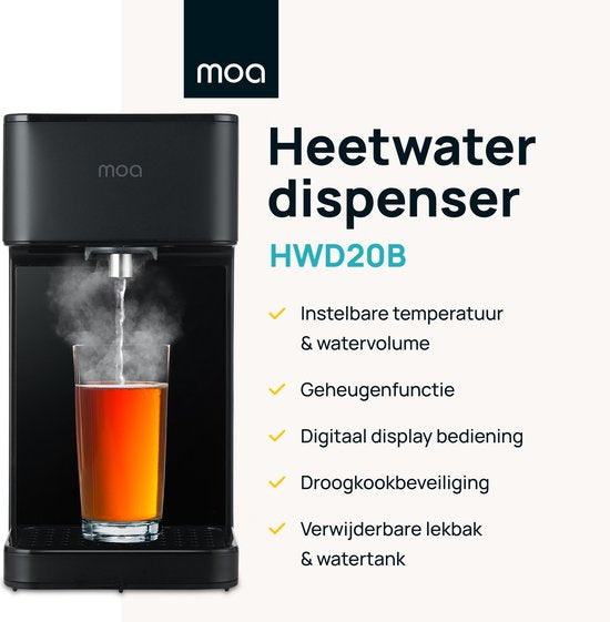 MOA Distributeur d'eau chaude 2.7L avec contrôle de la température - Bouilloire instantanée - 45-100°C - Robinet d'eau chaude - Fonction lait - Sans BPA - Acier inoxydable - Noir