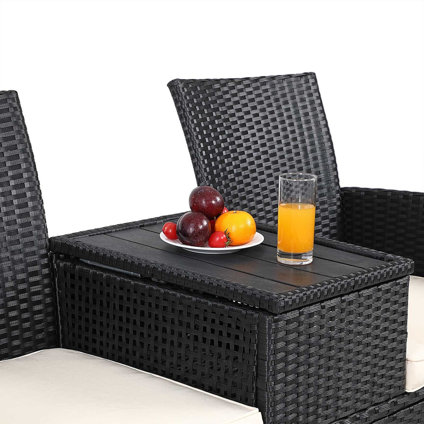 Banc de jardin Casaria Polyrattan - 2 places, table et coussins inclus - Noir