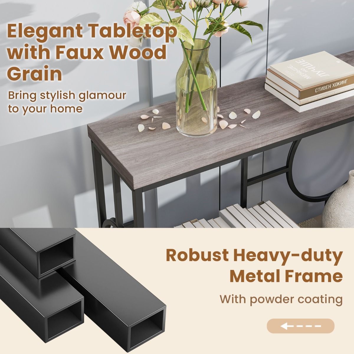 Table console Coast 180x30x80 cm Rustic Brown/Black - 2 niveaux, étroite, structure métallique solide