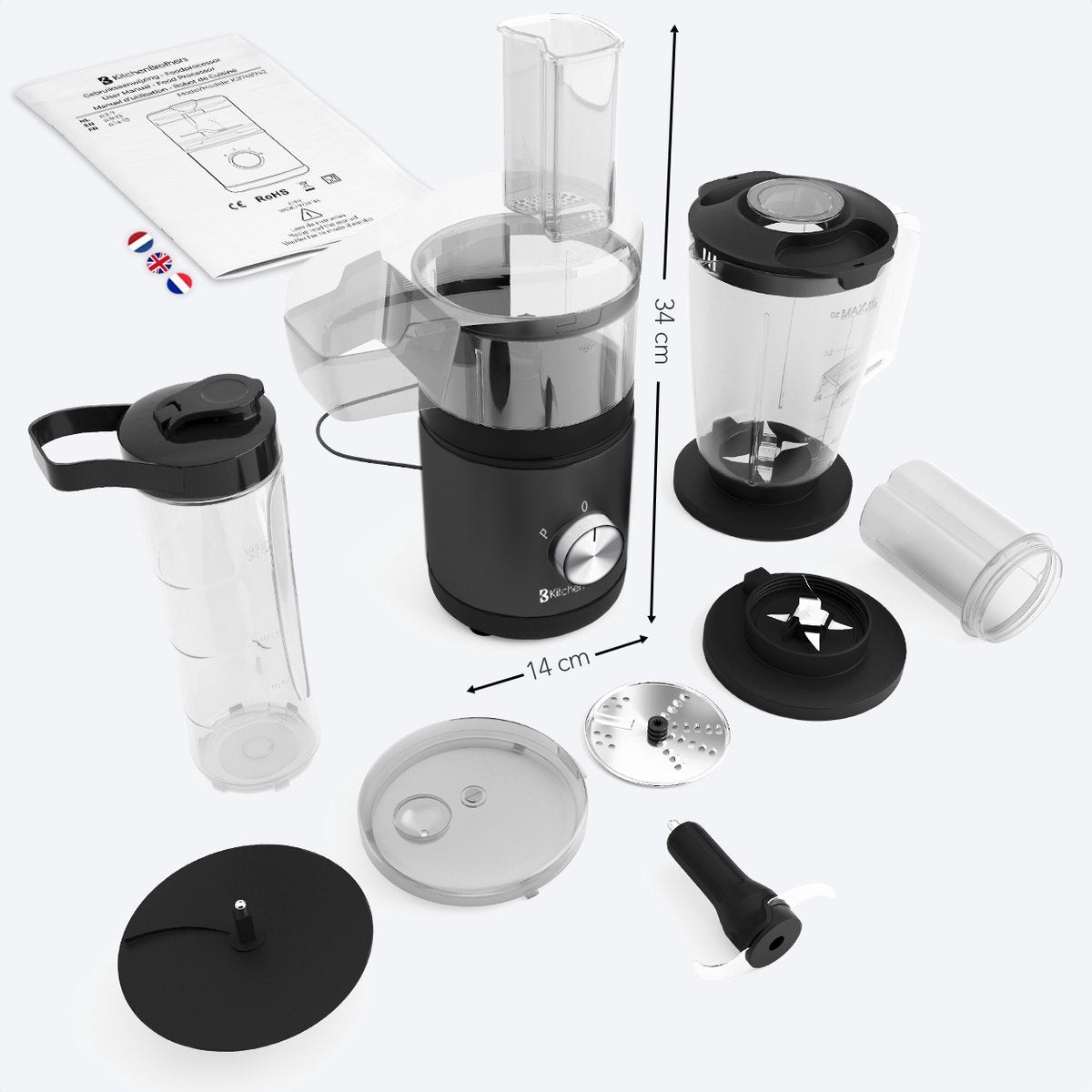 Robot de cuisine - KitchenBrothers - 4 en 1 - Mixeur - Hachoir - Coupes légumes - Moulin à café et épices - Noir