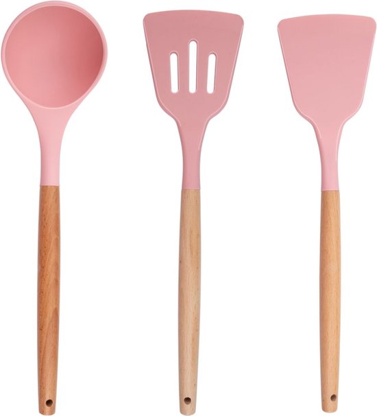 Ensemble d'ustensiles de cuisine Alpina avec support - 12 pièces - Ustensiles en silicone avec manche en bois - Rose