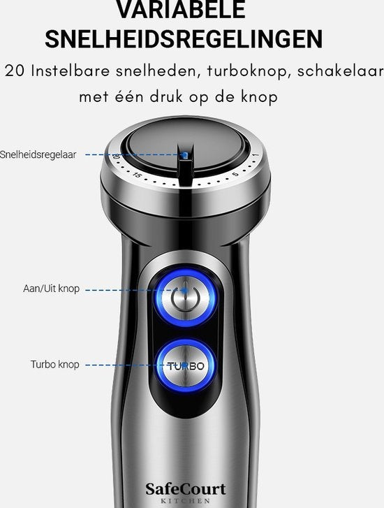 Ensemble de mixeurs à main 6 pièces Safecourt Kitchen - 1000 Watts - Hachoir - 20 vitesses - Comprend un mousseur à lait et une tasse à mesurer