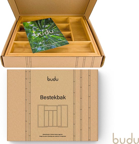 Budu Plateau à couverts extensible en bambou #33.5 (33.5 cm de profondeur) - Cassette à couverts en bois - Tiroir à couverts - 33.5 x 28 - 45 cm - 5/7 compartiments