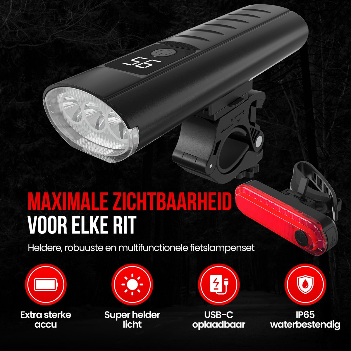 Strex Bicycle Light Set - LED 1600 Lumen Front and Rear Light - USB Rechargeable - Waterproof - Includes Powerbank function
