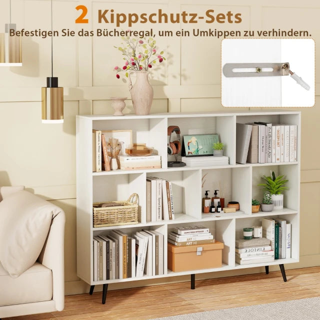 Bibliothèque Coast - 3 niveaux - Pieds en bois - Rangement cubique - 140 cm - Blanc