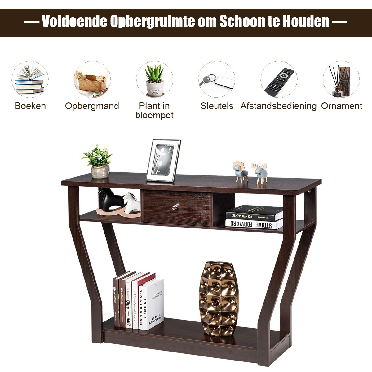 Table console Coast - 3 niveaux - Avec tiroir - MDF - 120 x 30 x 81 cm - Brun