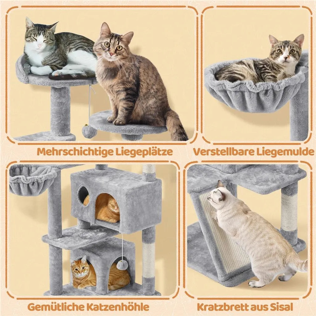 Arbre à chat Yaheetech 146 cm - avec 2 niches pour chats - 3 plateformes d'observation - gris clair