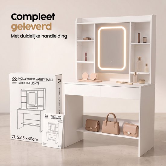 Infinity Goods : coiffeuse avec miroir LED - Table de maquillage - Très grand espace de rangement - Éclairage à intensité variable - Blanc