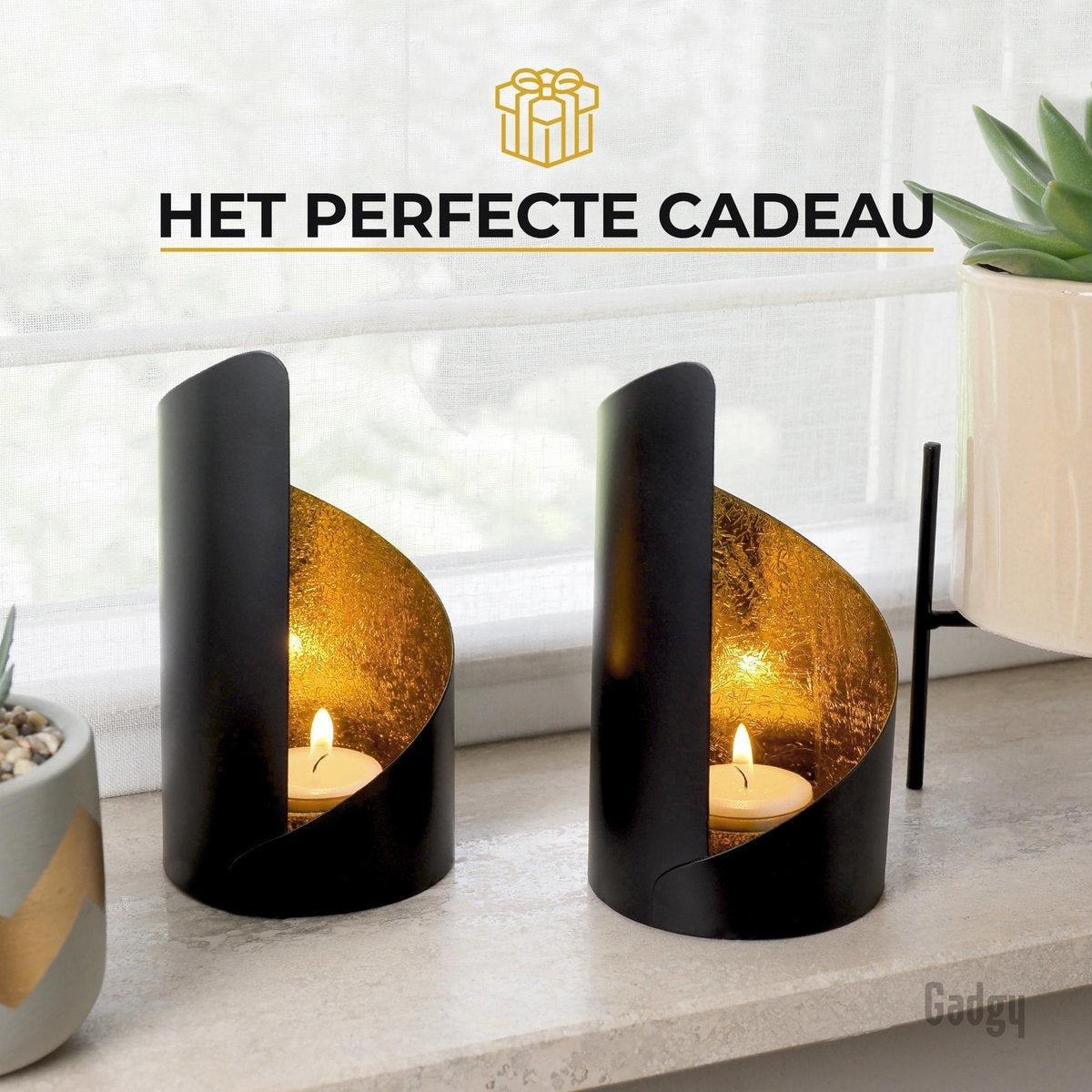 Gadgy Porte-lampes Twist - Lot de 2 - 16 x Ø8,5 cm - Porte-lampes - lampe à vent - noir / or - métal