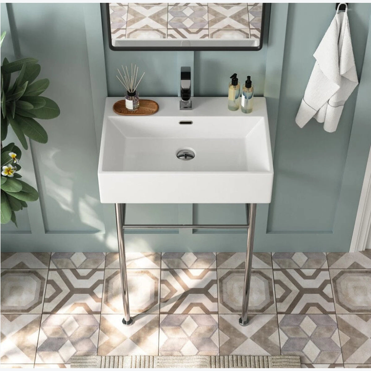 Lavabo sur pied DeerValley - Rectangulaire - Céramique blanche 60 cm - avec trop-plein et un seul trou pour robinet