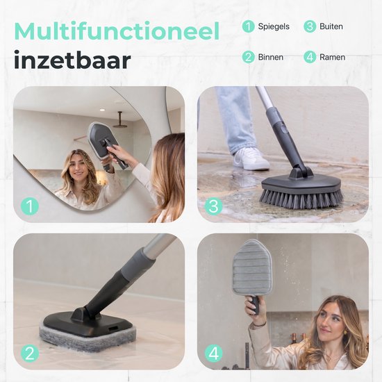CLEANLY Kit 3 en 1 avec balai à franges sur manche - Brosse de nettoyage - Brosse à récurer - Balai à franges sur manche - Brosse à récurer - Chariot de nettoyage - Réglable de 118 à 150 cm - Noir, Gris