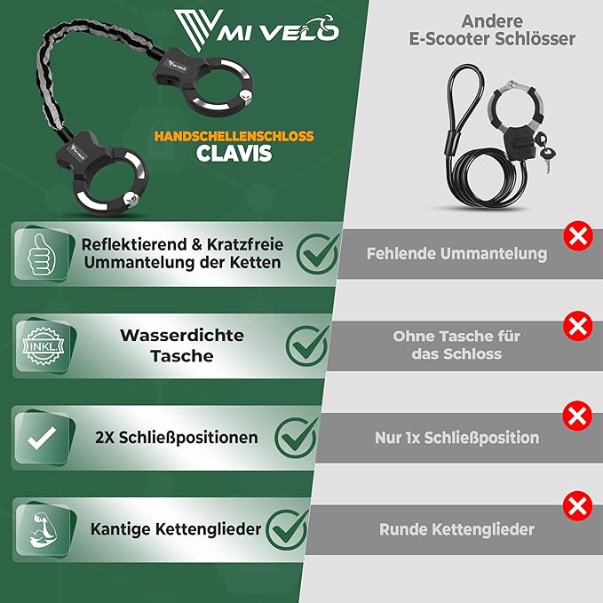 MIVELO E-Step Lock - menottes et chaîne - sac de transport inclus - 30 x 4 x 4 cm - noir