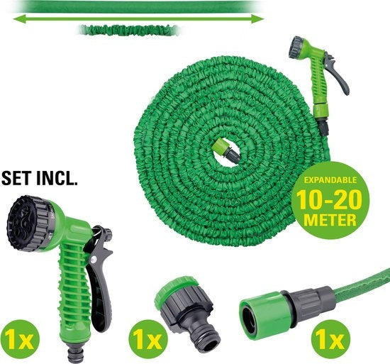 Kinzo Flexible Garden Hose 20M - Incl. attachement - Buse avec 7 modes de pulvérisation - Plastique - Vert/Gris