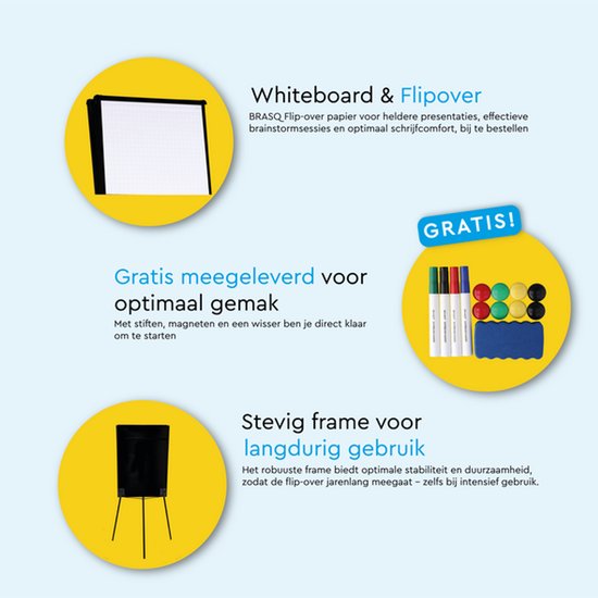 BRASQ Flipchart - 70x100 cm - Tableau blanc ajustable - Comprend 25 feuilles de papier, 4 marqueurs, 8 aimants, une gomme - Tableau magnétique avec crochets - Tableau magnétique - Noir