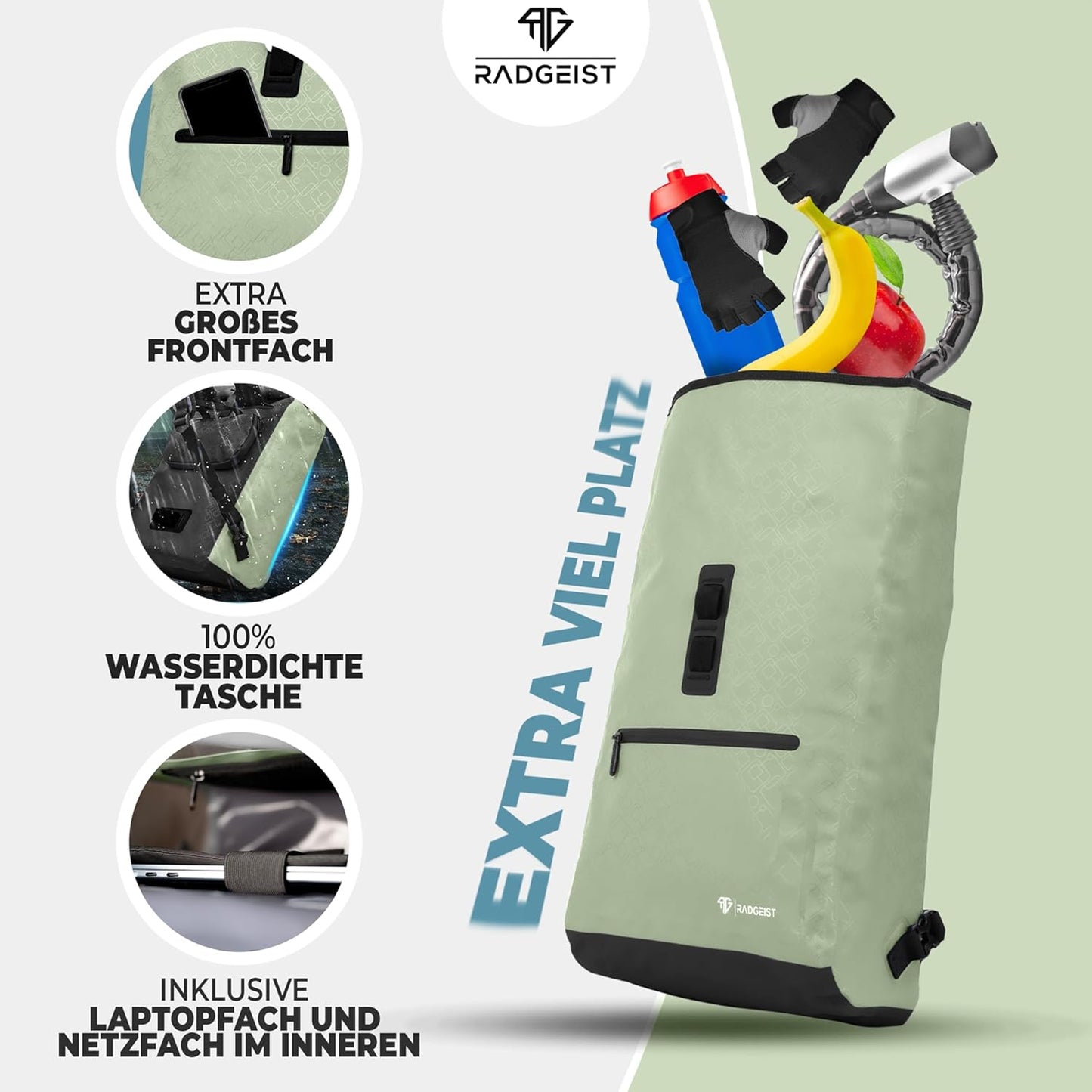 RADGEIST sac à vélo pour porteur I sac à vélo & sac à dos I sac à vélo pour femmes & hommes I sac à bandoulière & sac à vélo pour vélo 20L Mint