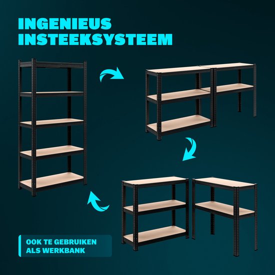 Rack de stockage en métal - 5 étagères en MDF incluses - 180x90x40 cm Noir