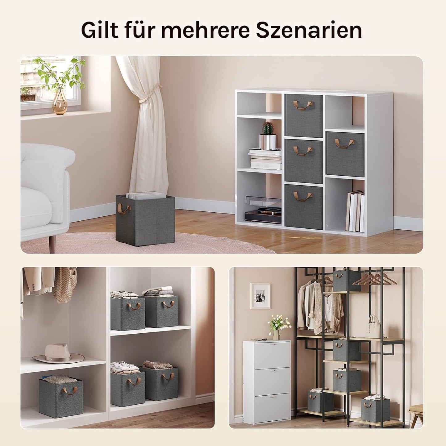 Woltu Boîte de rangement pliable Lot de 5 - Gris - Avec poignées et cadre en métal - 26 x 26 x 26,5 cm