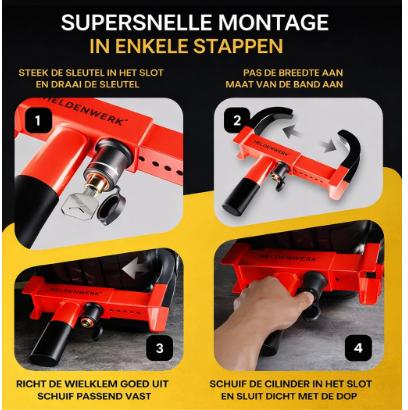 HELDENWERK - Griffe de parking et pince de roue - Pour 18-30 cm de largeur de pneu - Acier allié noir et rouge - Avec serrure de haute sécurité et 3 clés - Protection contre le vol - Sécurité maximale