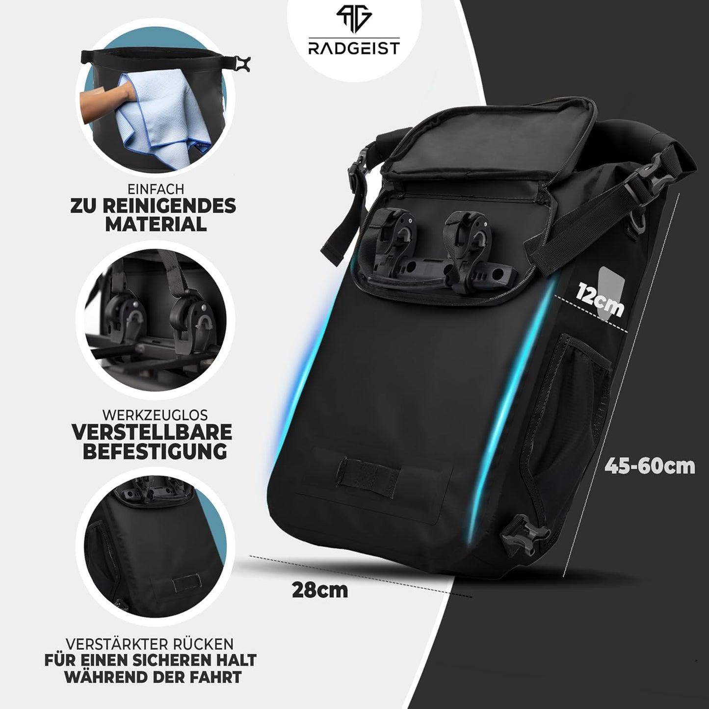 RADGEIST 3in1 bike bag for carrier I sac à vélo, sac à dos et sac à bandoulière 18-22L I sac pour vélo 100% étanche noir