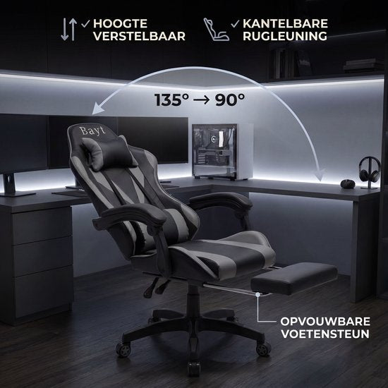 Fauteuil de gaming Bayt - Fauteuil de gaming - Fauteuil de bureau ergonomique - Réglable - Noir et gris