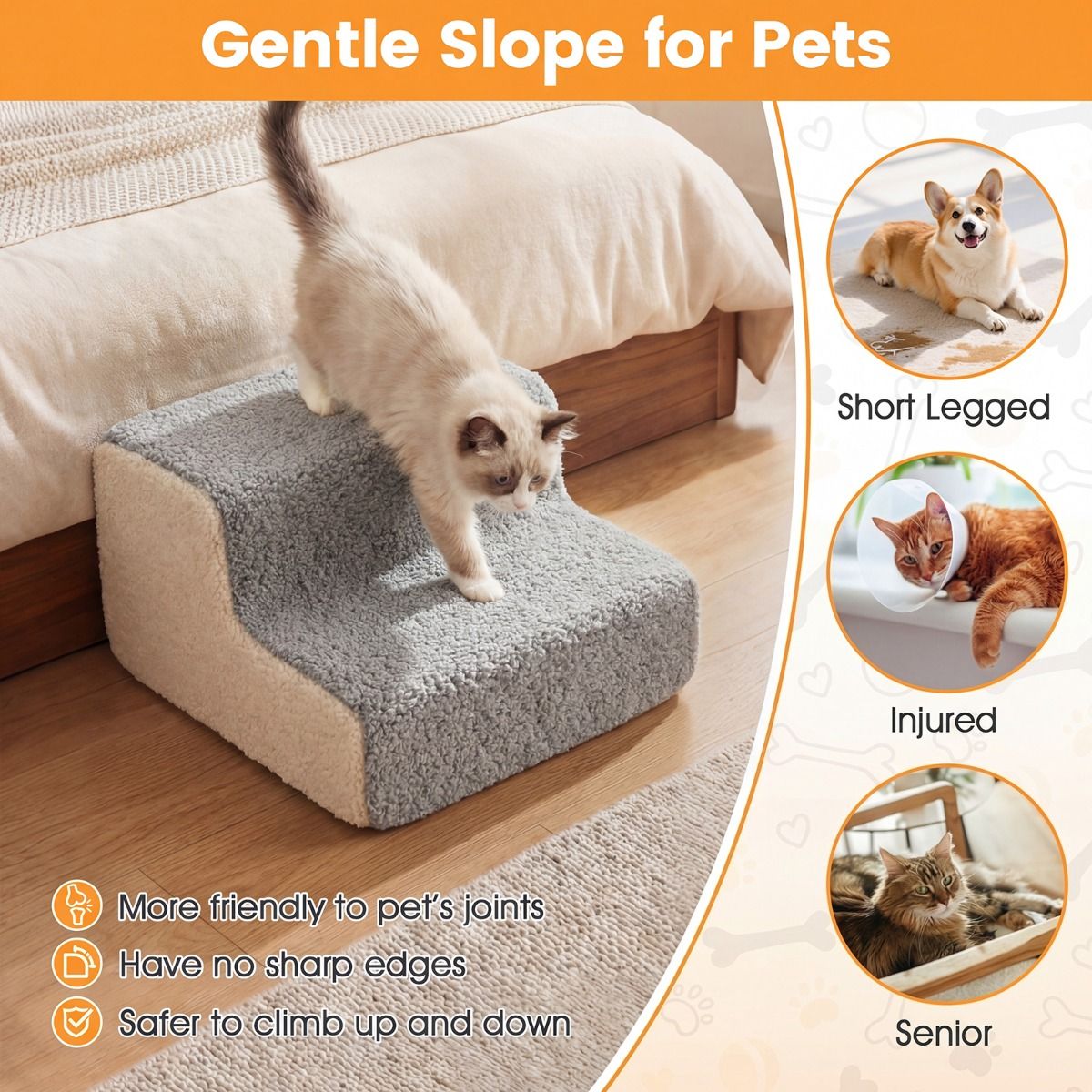 Rampe pour chiens Coast à 2 marches - escalier flexible pour animaux de compagnie - revêtement antidérapant et amovible - gris et blanc