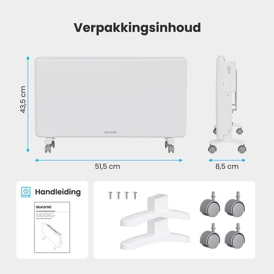 Auronic Convector Heater - 2000W - Chauffage électrique - 3 niveaux - Panneau métallique - Freestanding - Roues - Blanc