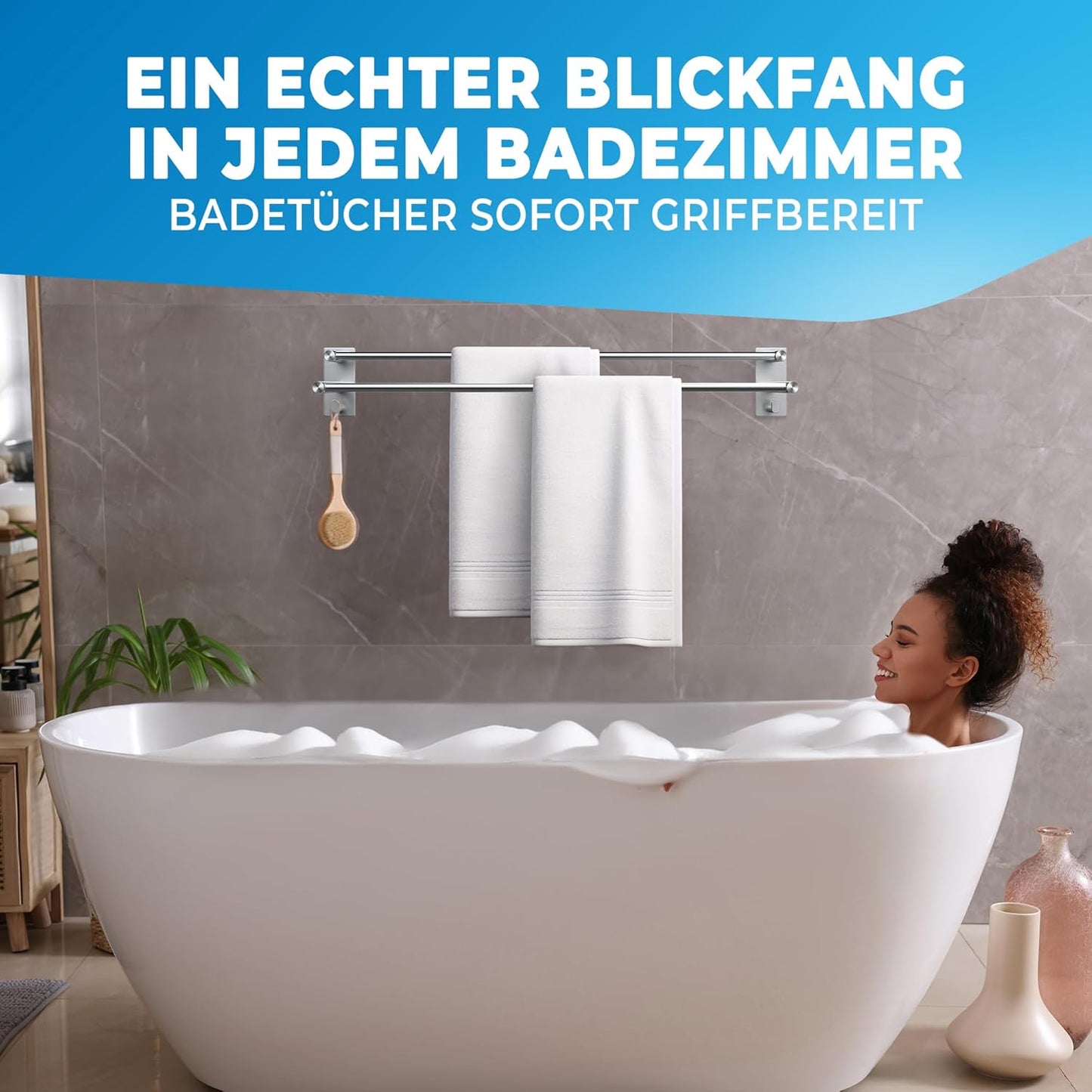 LOBUX® - Porte-serviettes sans perçage - 60cm, acier inoxydable - Porte-serviettes salle de bain double, auto-adhésif - Porte-serviettes avec 2 crochets pour serviettes - pour salle de bain, paroi de douche, cuisine