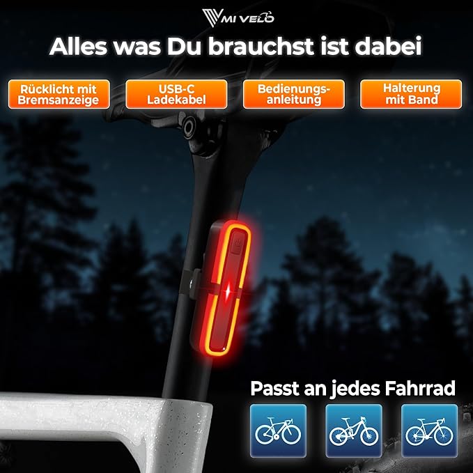 Feu arrière vélo avec indicateur de freinage - feu arrière homologué StVZO avec batterie d'alimentation - feu arrière vélo rechargeable USB-C étanche IPX5 - feu arrière LED pour vélo de route, VTT & gravel bike