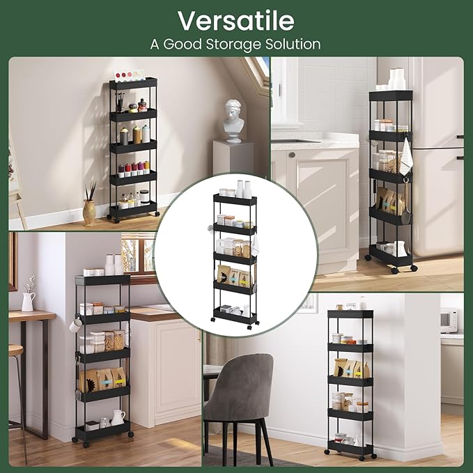 Klihome Service trolley - chariot de rangement à roulettes - 5 étagères - étroit 12,5 cm - noir mat