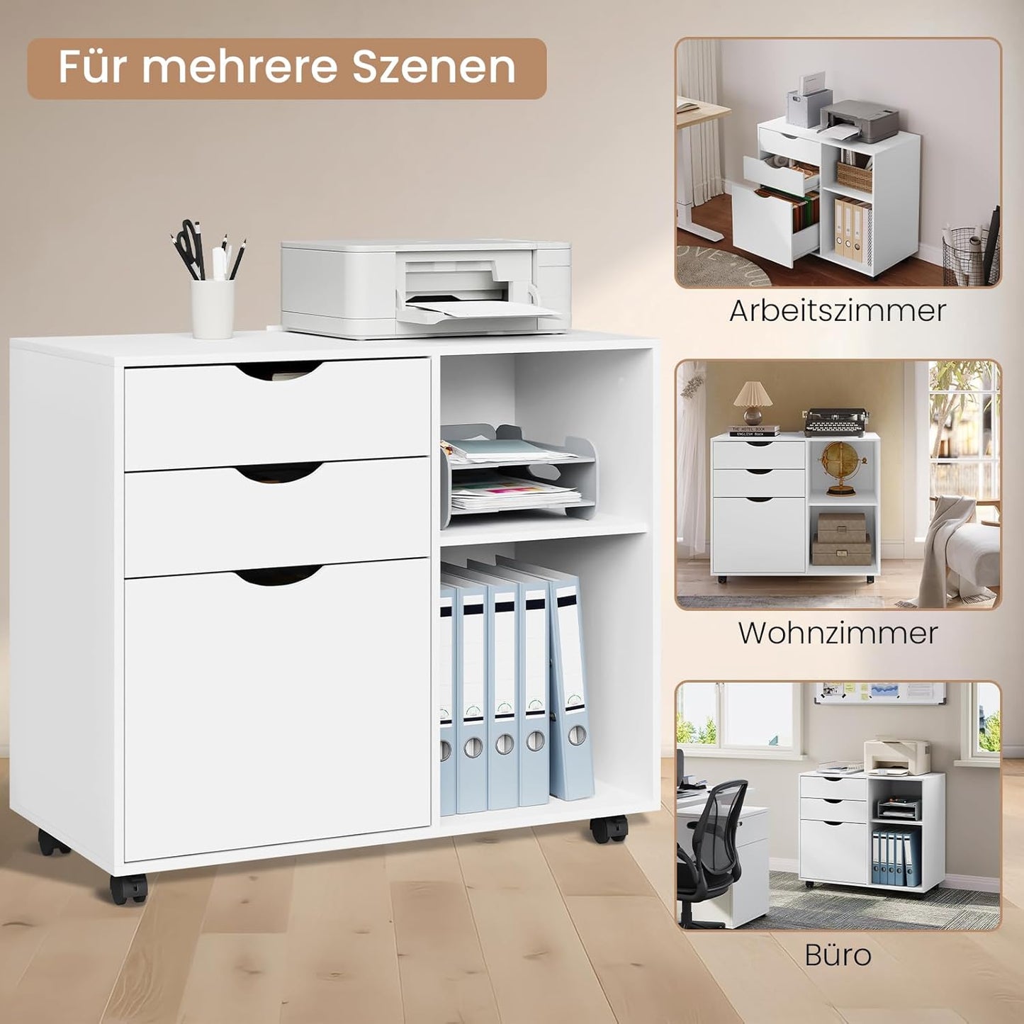 WOLTU ASK13ws roll container - bloc-tiroirs mobile pour le bureau - 3 tiroirs - blanc - 80 x 69,5 x 39,5 cm