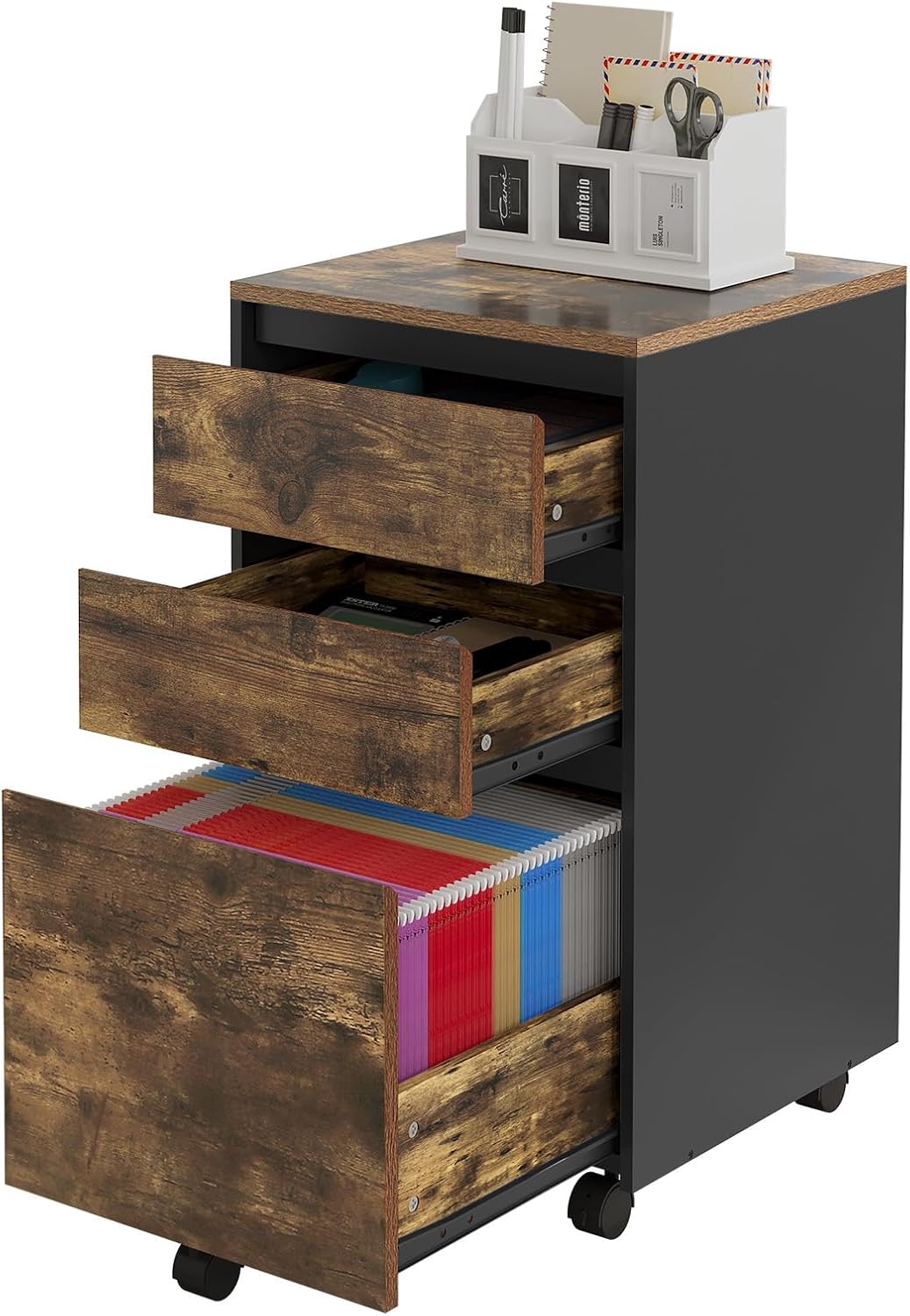 Woltu Mobile Filing Cabinet - Conteneur à roulettes avec 3 tiroirs et roulettes - Industrial Dark Oak/Black - 40 x 40 x 70 cm