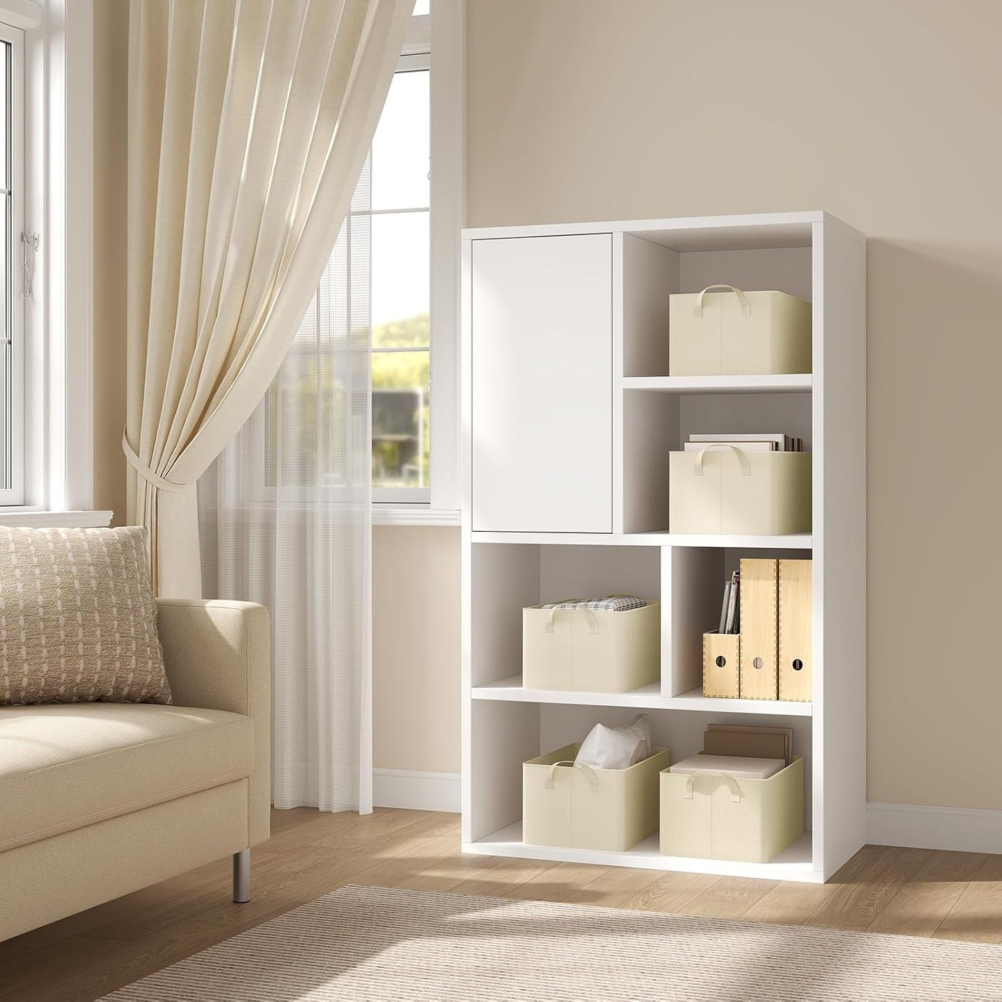 Woltu Boîte de rangement pliable Lot de 5 - Cubes de rangement en tissu avec poignées - Boîtes de rangement empilables pour vêtements et jouets - Crème - 37,5 x 20 x 26 cm
