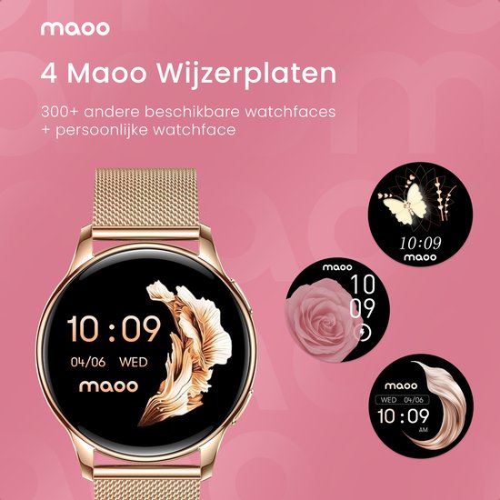 Maoo Ventura AMOLED Smartwatch Ladies - Acier inoxydable et bracelet en silicone 3x - Podomètre - Moniteur de fréquence cardiaque - Moniteur de sommeil - Multisport - Convient à Android et iOS - Rose Gold et Pink