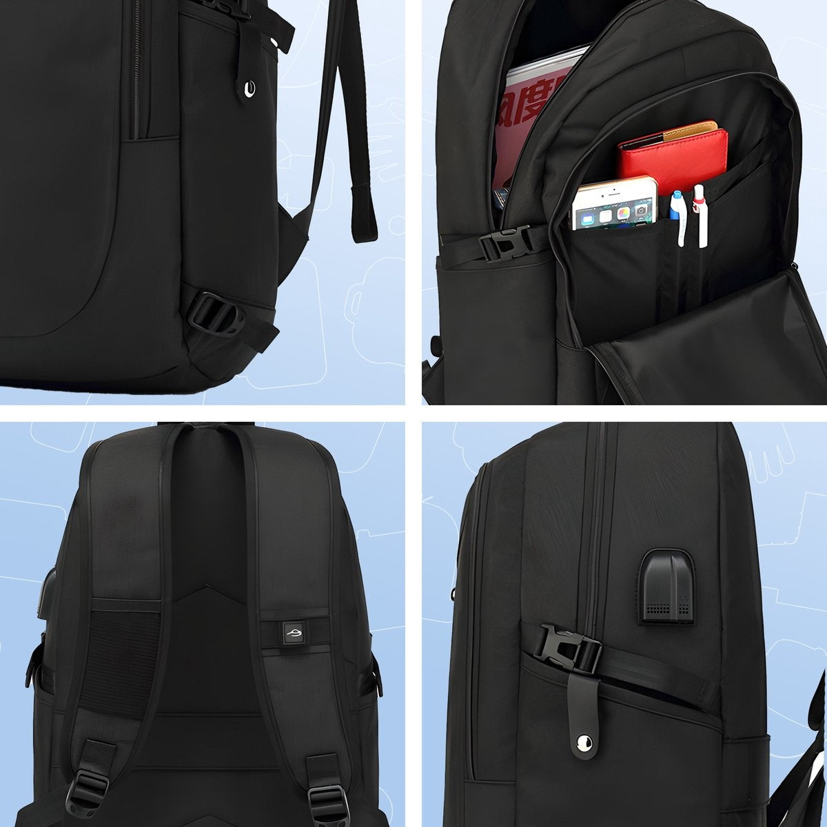 Sac à dos pour ordinateur portable - Cartable - Sac à dos - Sacoche pour ordinateur portable - Station de recharge USB - Tissu hydrofuge - 35 à 39cm - Noir