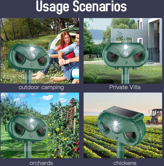 Répulsif ultrasonique à énergie solaire - répulsif à renard pour jardin extérieur - répulsif à écureuil et chat - détecteur de mouvement et lumière clignotante - repousse la mouffette, le lapin et le renard