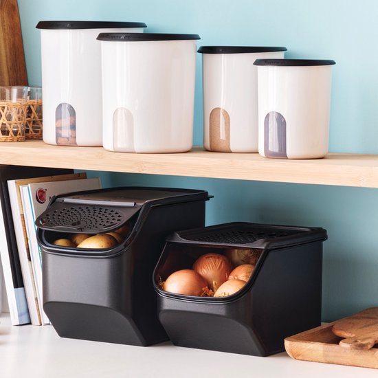 Ensemble Tupperware - PotatoSmart 8,3 L, OnionSmart 5,5 L et GarlicSmart 2,3 L - Récipients innovants pour pommes de terre, oignons et ail, assurant une circulation optimale de l'air - Conception empilable - Lavables au lave-vaisselle