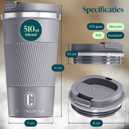 Mug isotherme Castagnola - Mug à café à emporter - Mug de voyage pour café et thé - Mug à thé - 510 ml - Acier inoxydable - Gris