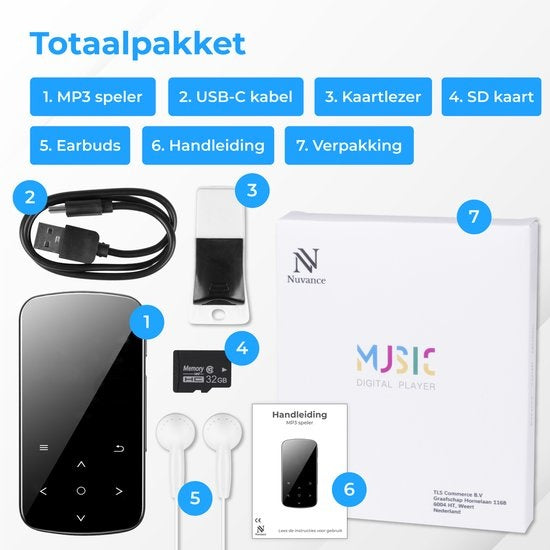 Nuvance - Lecteur MP3 avec écran tactile et Bluetooth - Ecouteurs et carte SD 32GB inclus - avec clip - Enregistreur vocal numérique - avec radio FM - Noir
