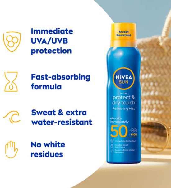 NIVEA SUN Protect & Dry Touch Spray solaire en brume - SPF 50 - Spray solaire pour le sport - Résistant à l'eau - UVA/UVB - 200 ml