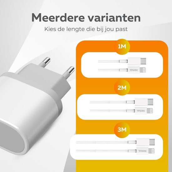 Chargeur - Wurk - Convient à l'iPhone et à l'iPad - Chargeur rapide 20W - Câble de charge 1M - Convient également aux iPhones plus anciens