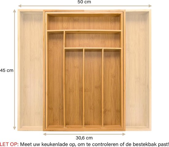 Budu Plateau à couverts extensible en bambou #45 (45 cm de profondeur) - Cassette à couverts en bois - Tiroir à couverts - 45 x 30.6 - 50 cm - 6/8 compartiments