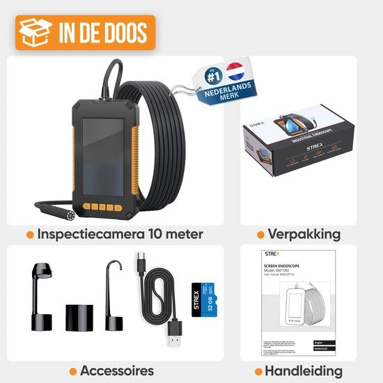 Strex Caméra d'inspection avec écran 10M - 1080P HD - écran LCD 4,3 pouces - étanchéité IP67 - éclairage LED - endoscope - caméra d'inspection - microSD 32gb inclus