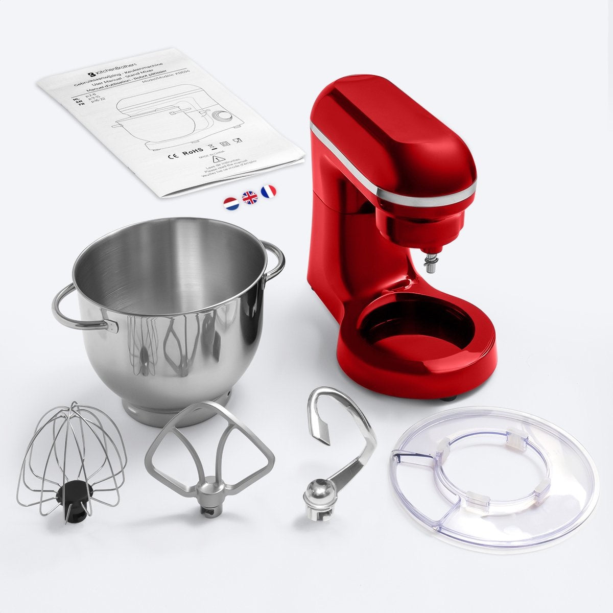 Robot de cuisine - KitchenBrothers - Mixeur de cuisine avec bol de 6L - Acier inoxydable - 1400W - Rouge