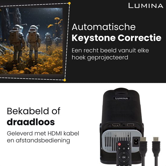 Lumina® Pro Mini Beamer 2025 – Projecteur intelligent portable 4K avec Wi-Fi 6 et Bluetooth 5.2 – Compatible avec iOS et Android – Idéal pour le home cinéma – Noir