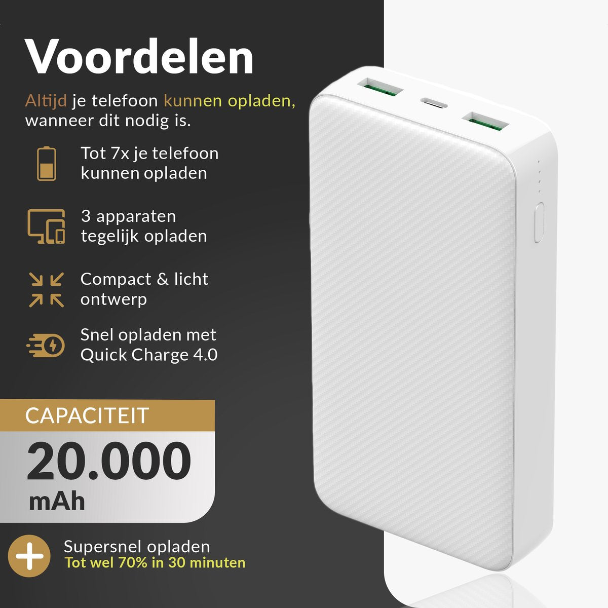 Surge Powerbank 20 000 mAh White - Quick Charge 4.0 & PD - Chargement rapide de 3 appareils simultanément
