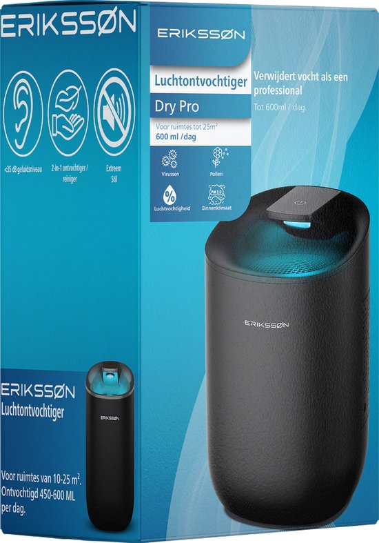 Déshumidificateur Dry Pro d'Erikssøn - Déshumidifie jusqu'à 0,6 litre par jour - Convient pour la chambre à coucher, la salle de bain, le salon et le sous-sol - Déshumidificateur