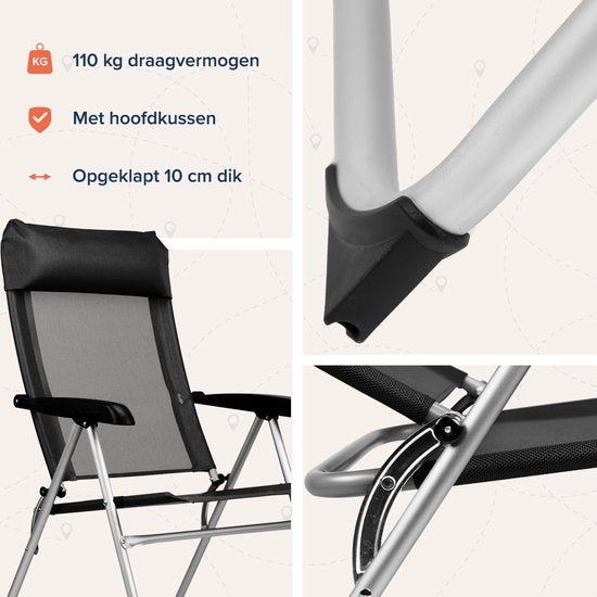 TRVLMORE Chaise de camping - 5 positions - Chaise de camping pliante - Capacité de charge 110 kg - Chaise de pêche - Chaise pliante - Noir