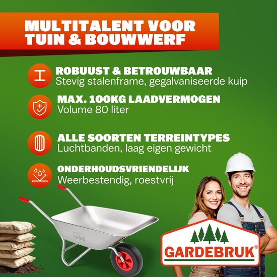 Brouette Gardebruk 80 litres - Capacité de charge 100 kg - Silver