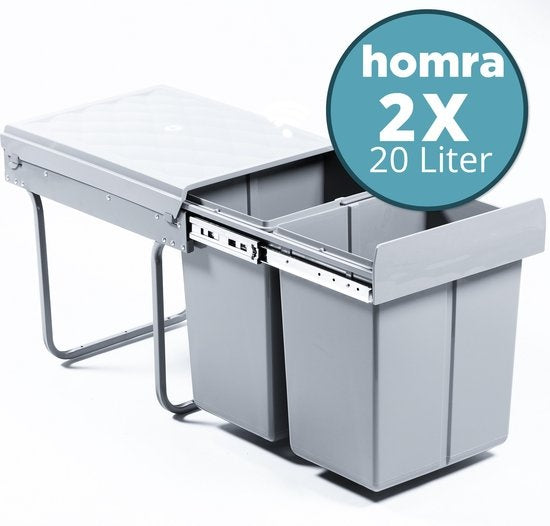 Poubelle de tri - Homra - 2x20L - Encastrable - 2 compartiments amovibles - Poubelle de cuisine - Gris